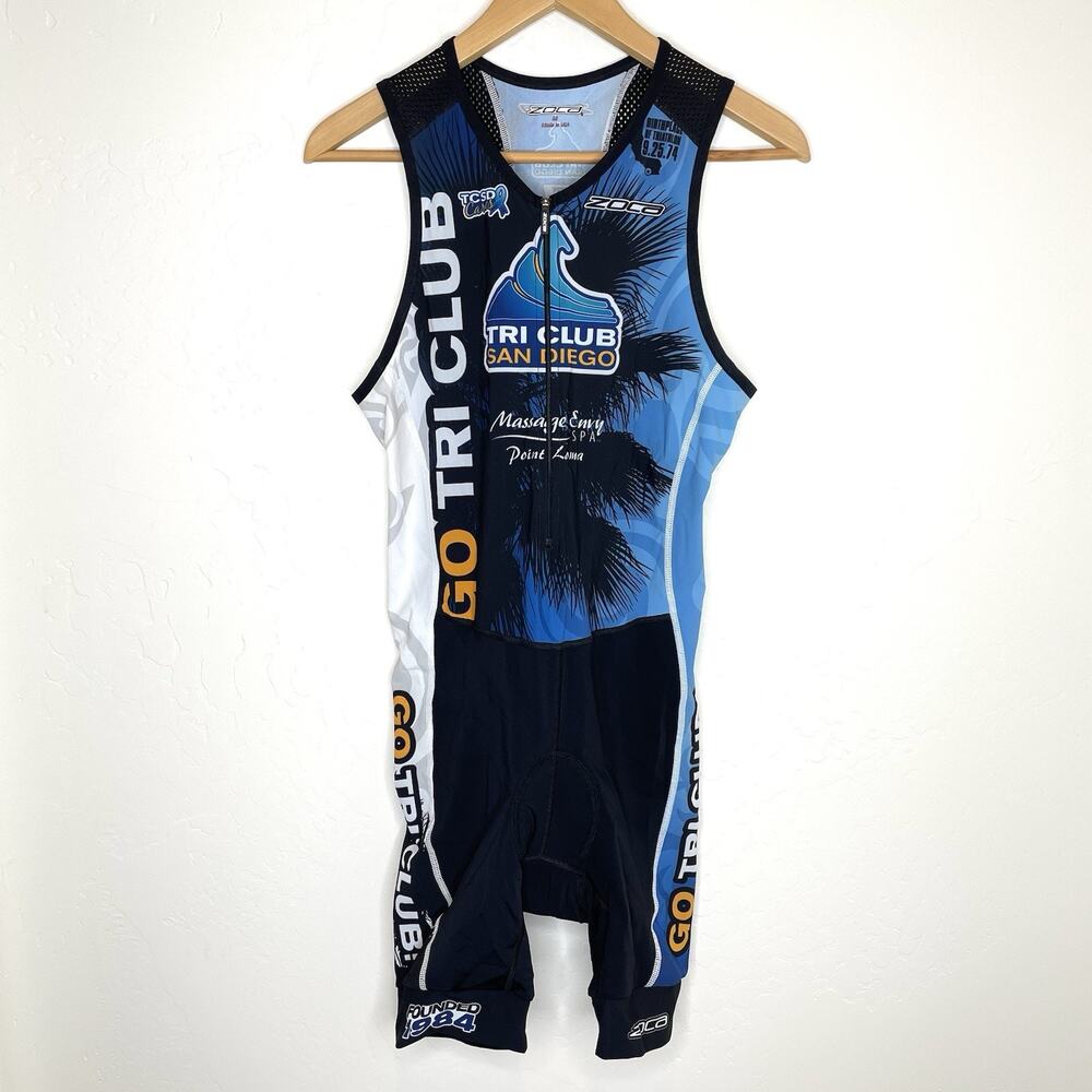 Zoca Tri Suit Club San Diego Womens Medium Triathlon Pockets One Piece Blue